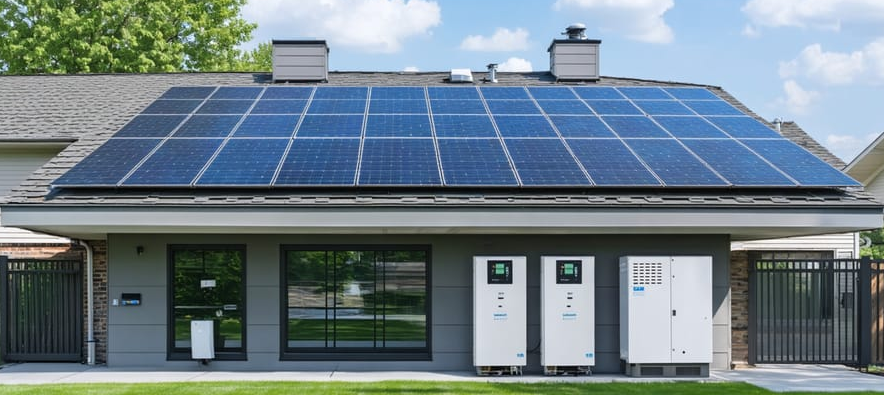 Modern home with solar panels on the roof under blue sky