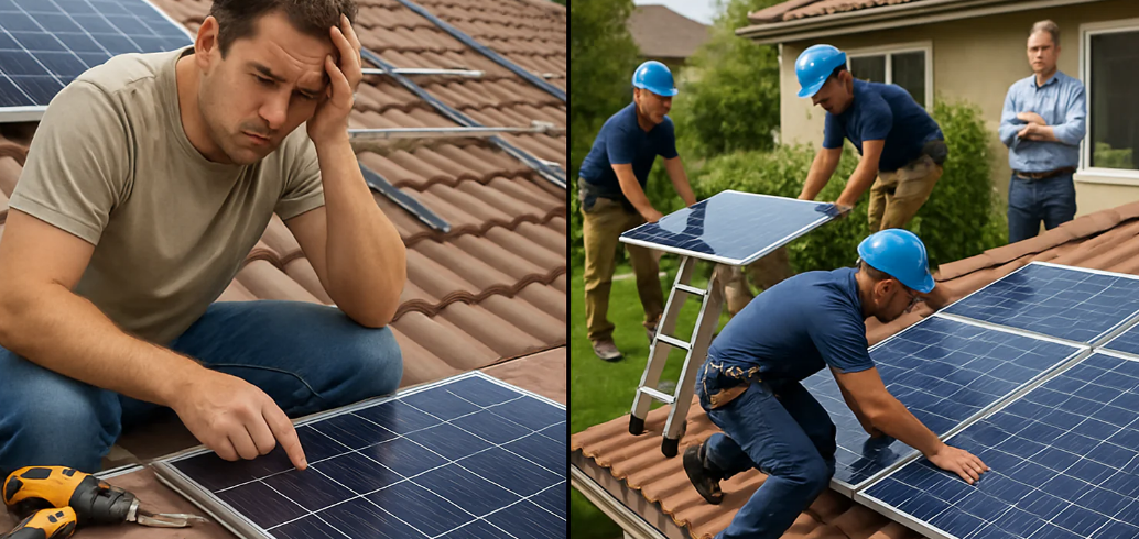 Professional technicians installing solar panels on residential roof