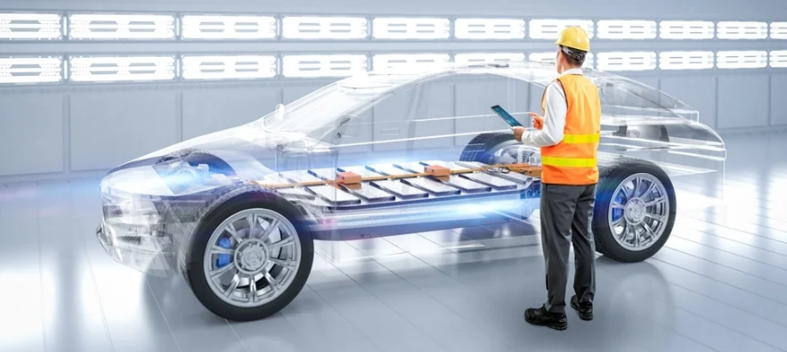 Electric vehicle being charged at a modern charging station