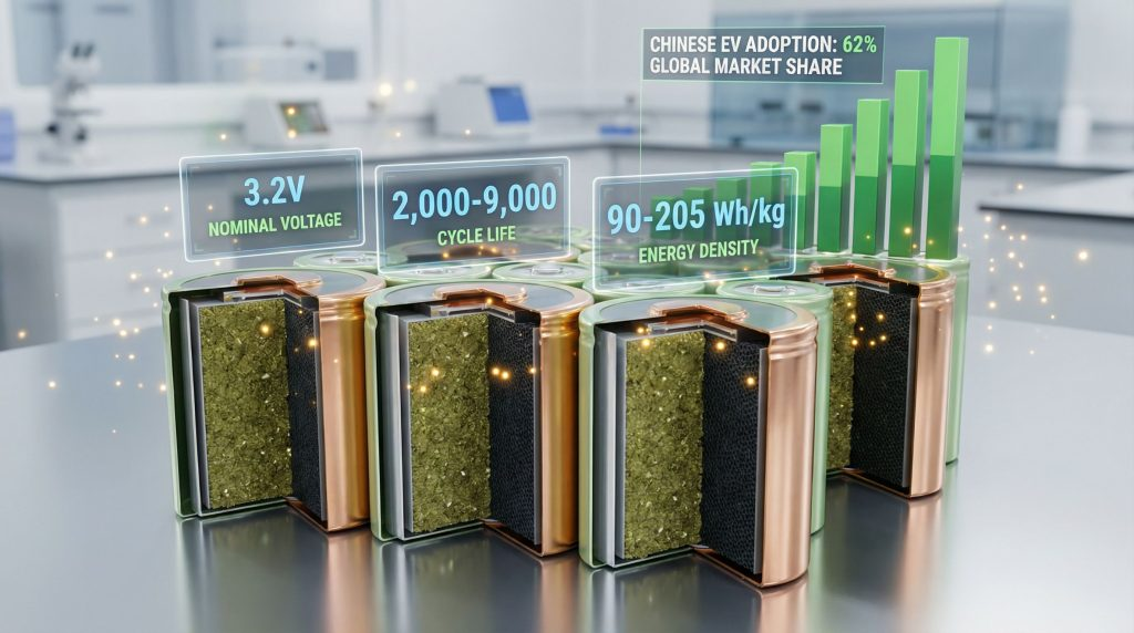 Lithium iron phosphate battery cells arranged in a grid pattern