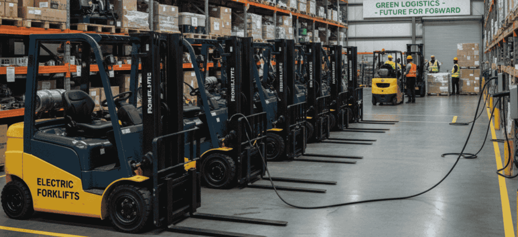 Industrial warehouse with forklifts