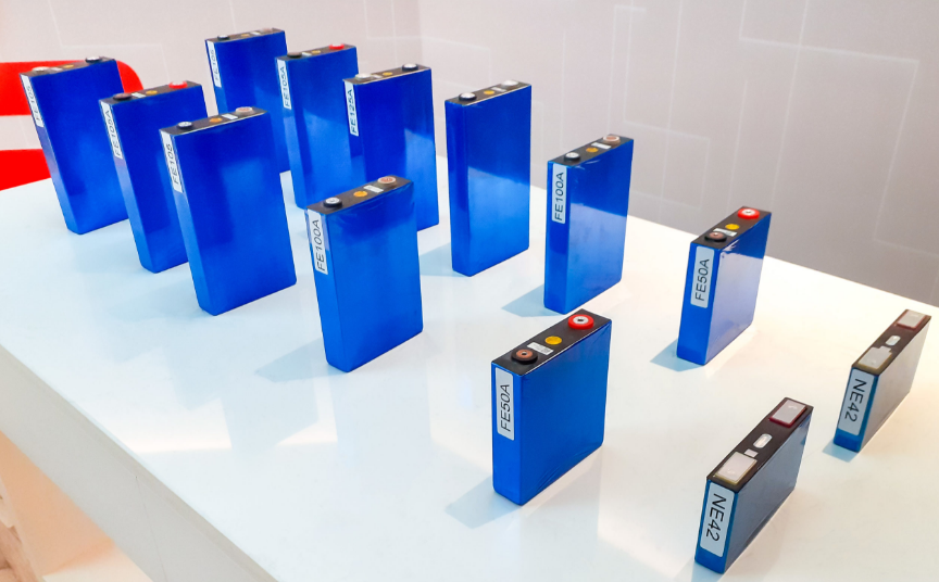 Lithium battery cells arranged in rows