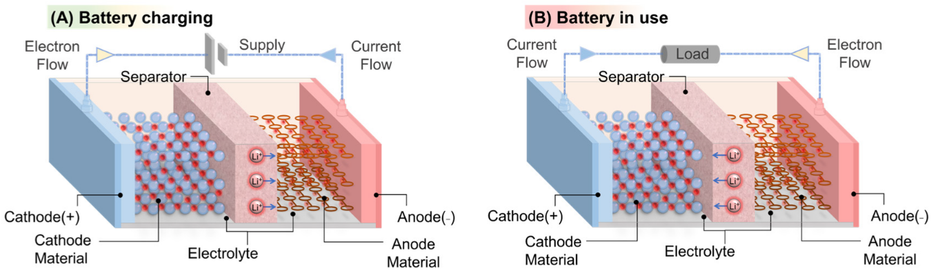 Lithium battery cells arranged in rows