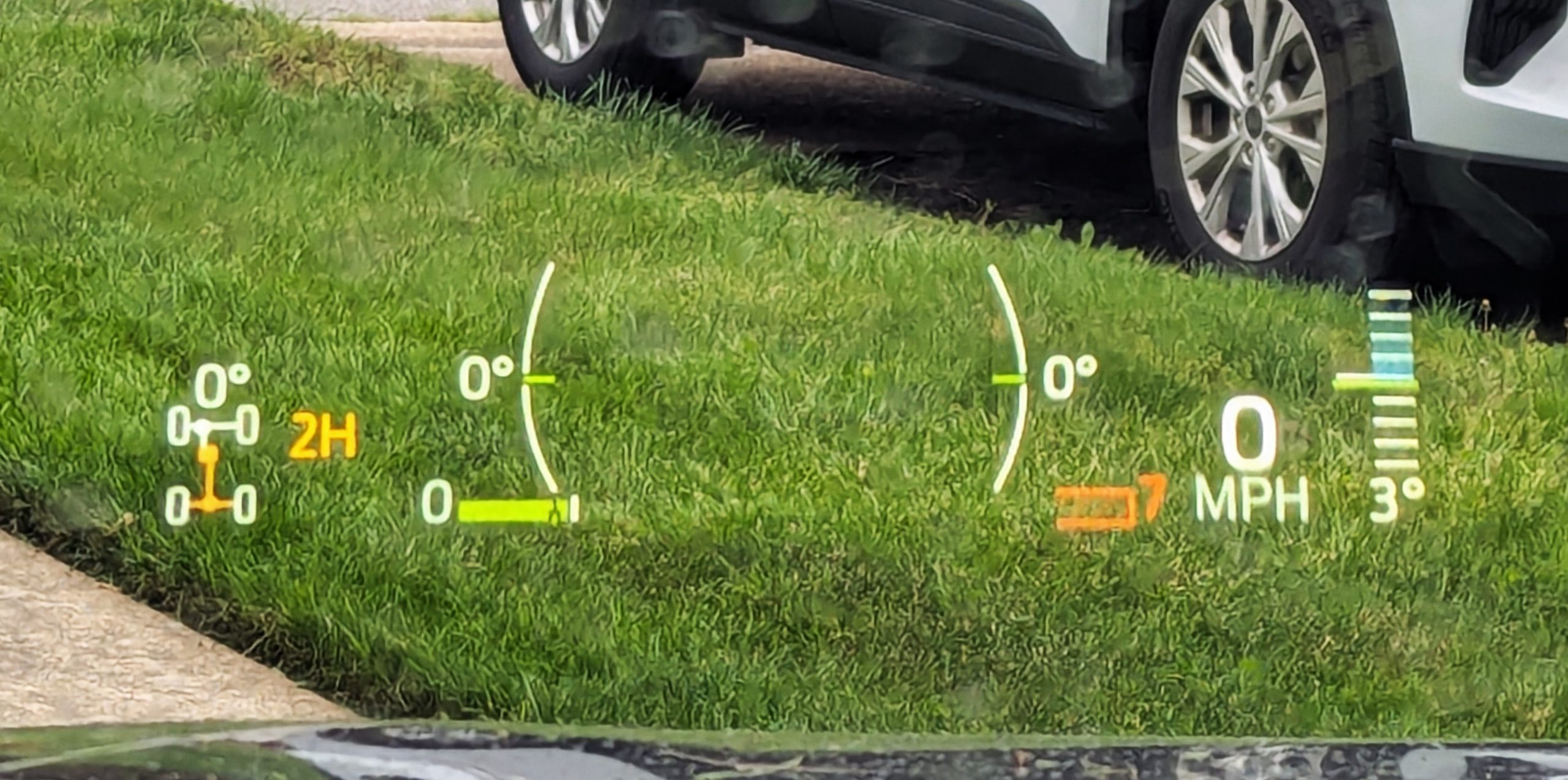 Modern head up display showing off-road instrumentation in a 2025 vehicle cockpit
