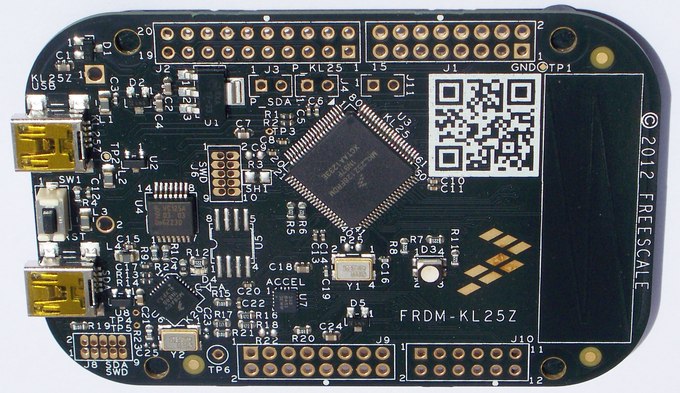 A Freescale FRDM-KL25Z board whose main chip is a Kinetis KL25Z, a Cortex-M0+ microcontroller