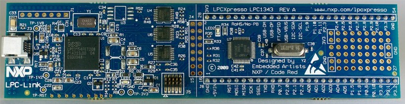 An LPCXpresso board whose target chip is an NXP LPC1343 Cortex-M3 microcontroller