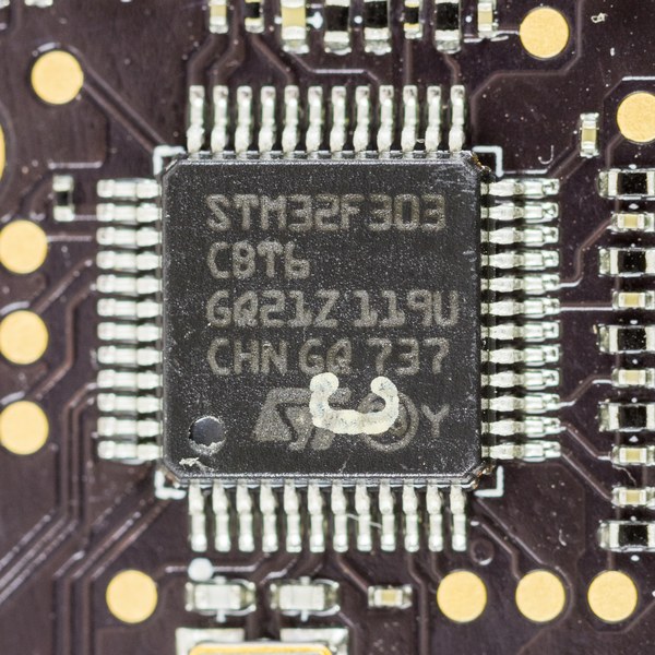 A close-up of an STM32F303 chip, a Cortex-M4 carrying the DSP instruction set