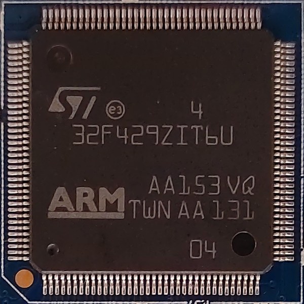 A close-up of an STM32F429 chip, a high-end Cortex-M4 with the DSP instruction set