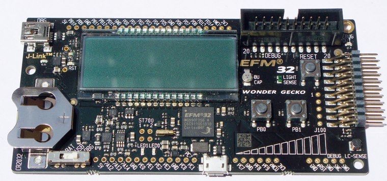 An EFM32 Wonder Gecko board whose main chip is marked EFM32 WG990F256 CortexM4F, a Cortex-M4 with a floating-point unit