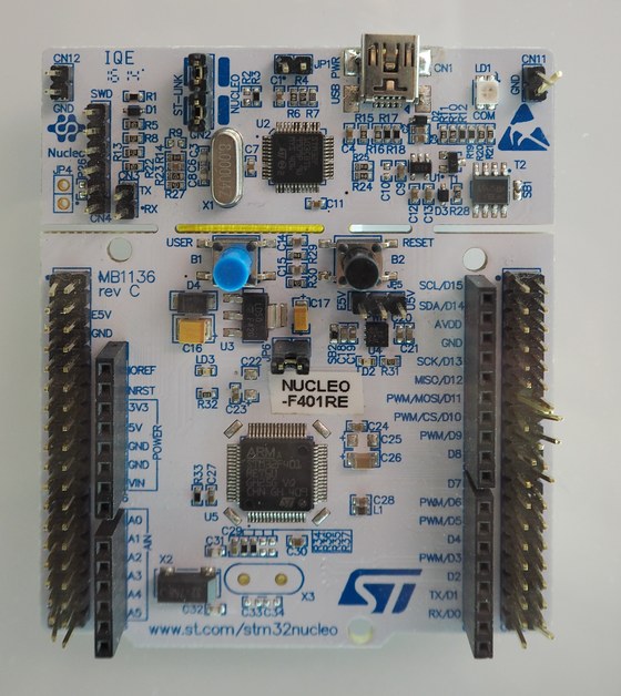 A NUCLEO-F401RE board whose target chip is an STM32F401 Cortex-M4F with a floating-point unit