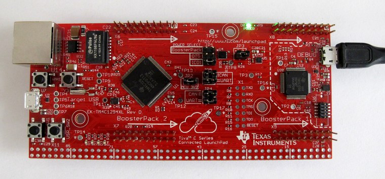 A TI Tiva-C Series LaunchPad whose main chip is a TM4C1294 Cortex-M4F microcontroller