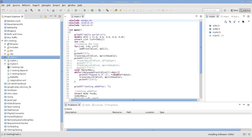 The Eclipse IDE showing a C project