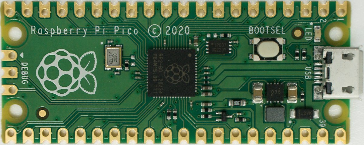 A Raspberry Pi Pico board, showing the RP2040 chip beside a small eight-pin external QSPI flash chip