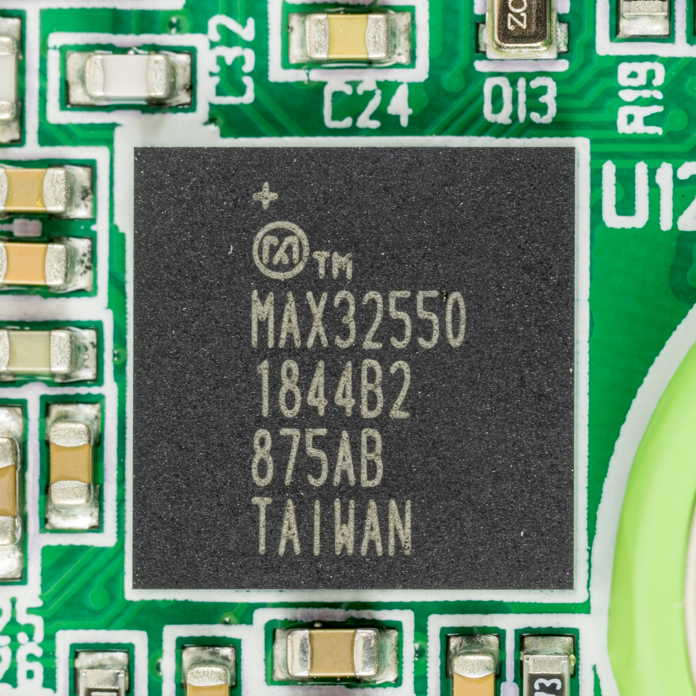 A Maxim MAX32550 secure microcontroller on a SumUp card-reader board
