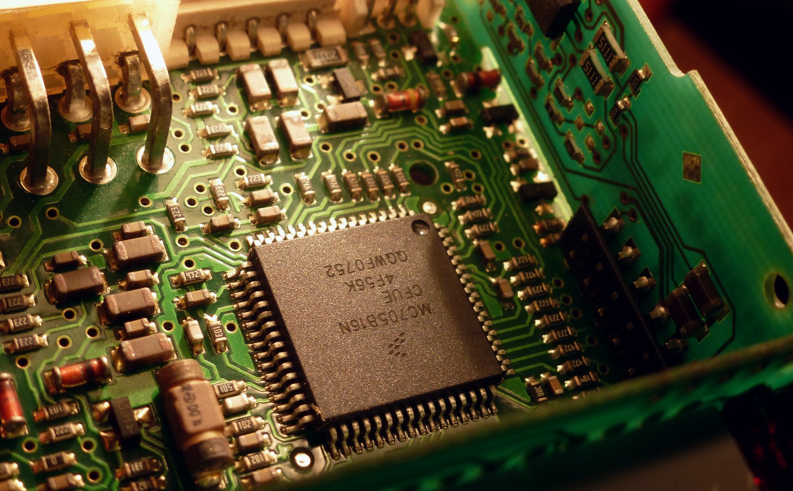 A Motorola MC68HC705 8-bit microcontroller on a board, a forebear of the NXP S08