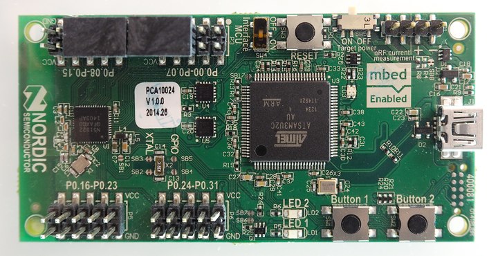 A Nordic Semiconductor nRF51 development board, PCA10024, the Cortex-M0 predecessor to the nRF52 family