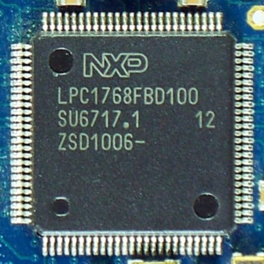 An NXP LPC1768 Cortex-M3 microcontroller on an mbed board
