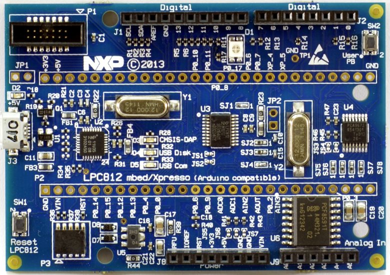 An NXP LPC800-MAX board with an LPC812 Cortex-M0+ microcontroller