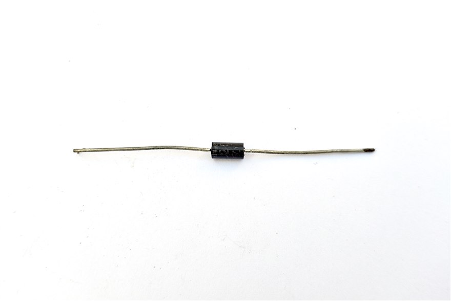 A single axial rectifier diode in a black epoxy body with its two leads.