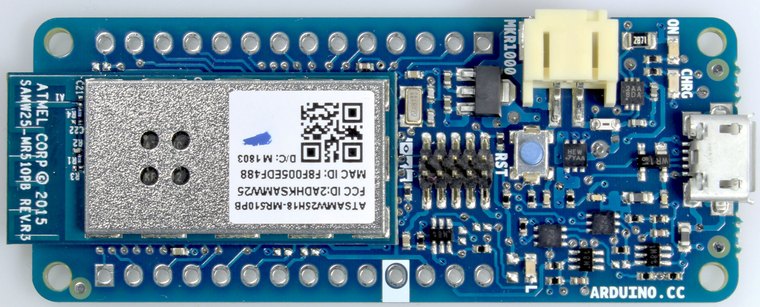 An Arduino MKR1000 board built on the Atmel SAMW25 module containing a SAM D21