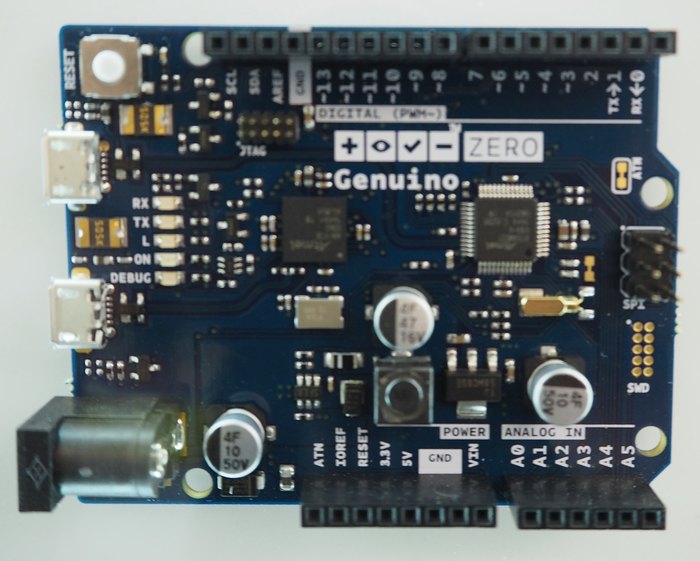 A Genuino Arduino Zero board built on the Atmel SAM D21 Cortex-M0+ microcontroller