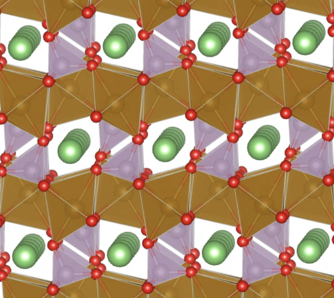 Model of the olivine crystal structure of lithium iron phosphate with lithium ions in green and oxygen in red