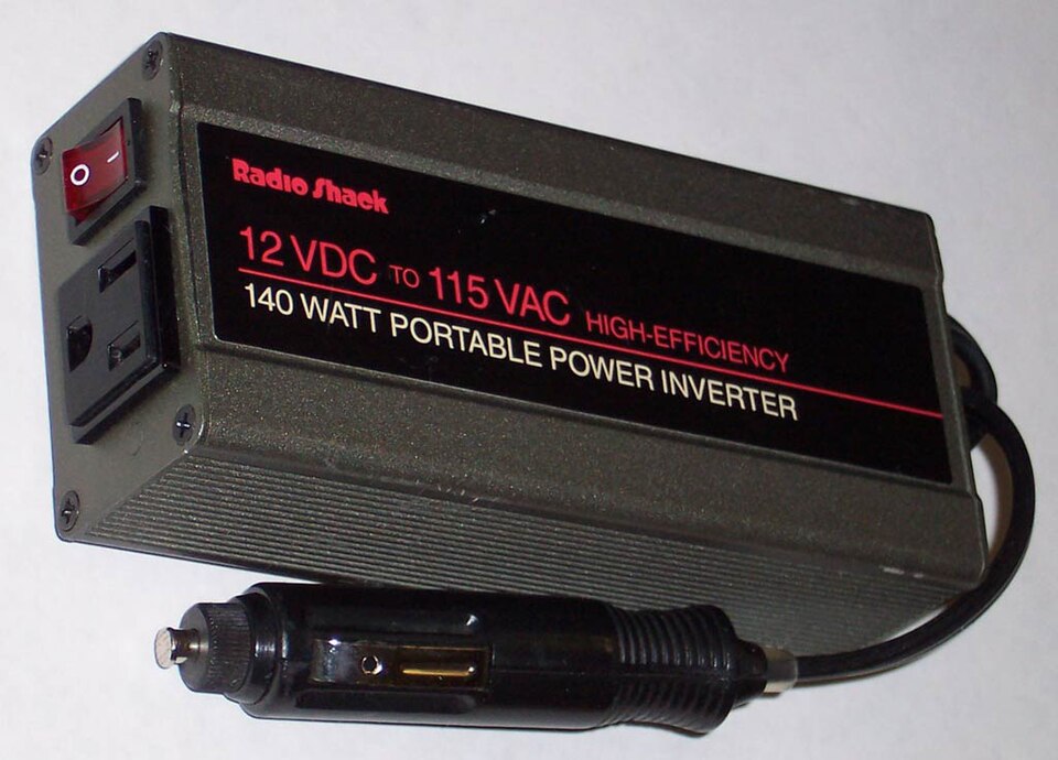 A small Radio Shack 12-volt to 115-volt 140-watt portable power inverter