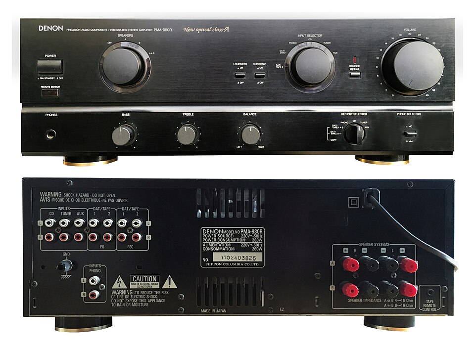 A real Denon PMA-980R Hi-Fi audio amplifier, front and rear views