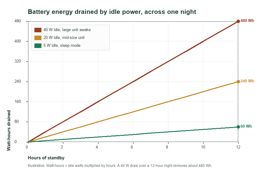 Line chart of watt-hours drained against hours of standby, for 40 watt, 20 watt and 5 watt idle draws