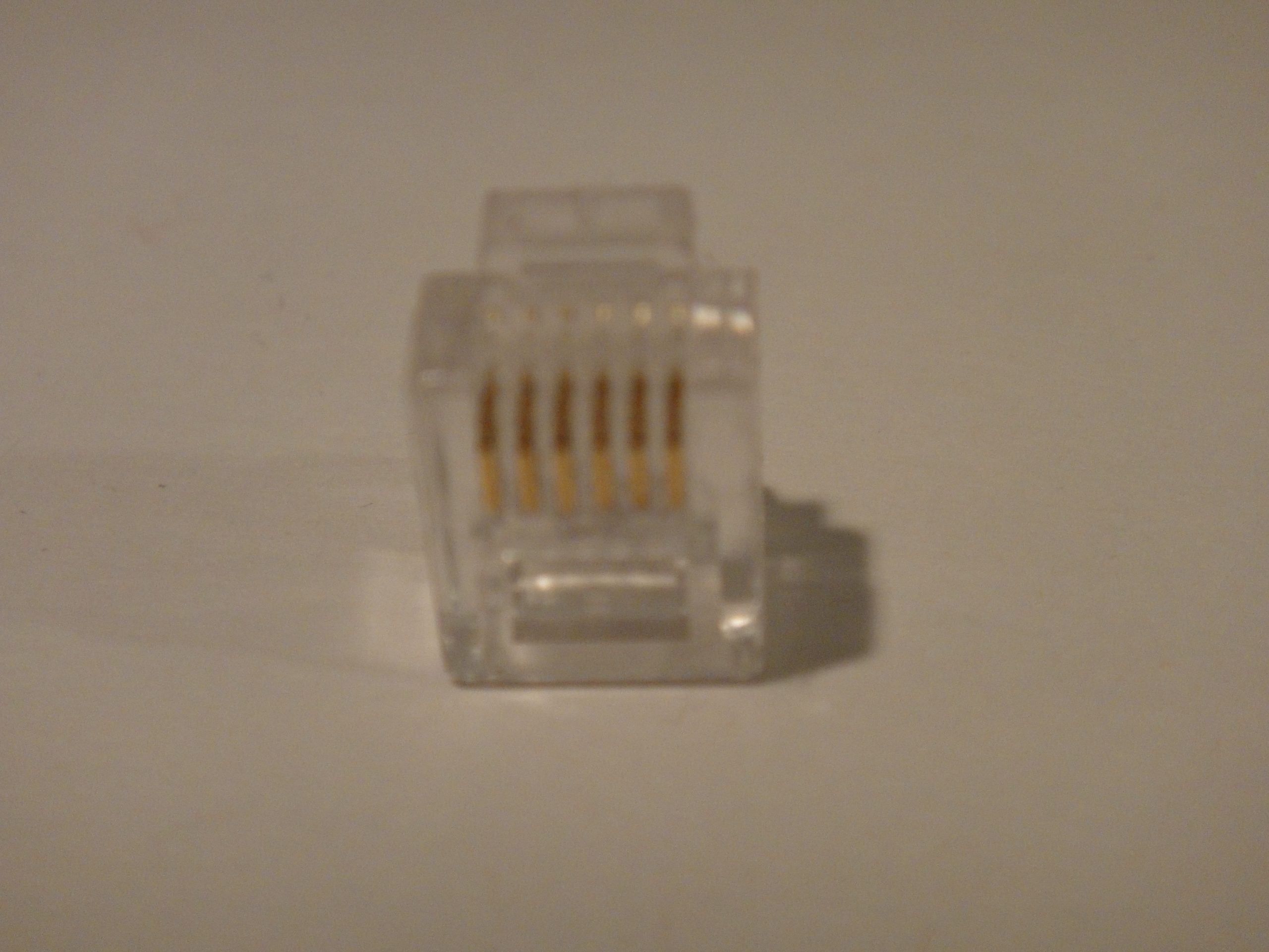 A clear 8P8C RJ45-style modular plug with gold contact pins