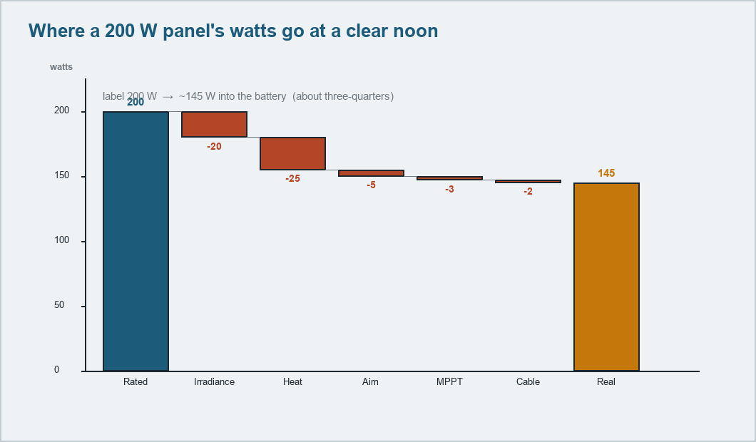 Waterfall chart: a 200-watt label dropping through irradiance, heat, aim, MPPT and cable losses to about 145 watts