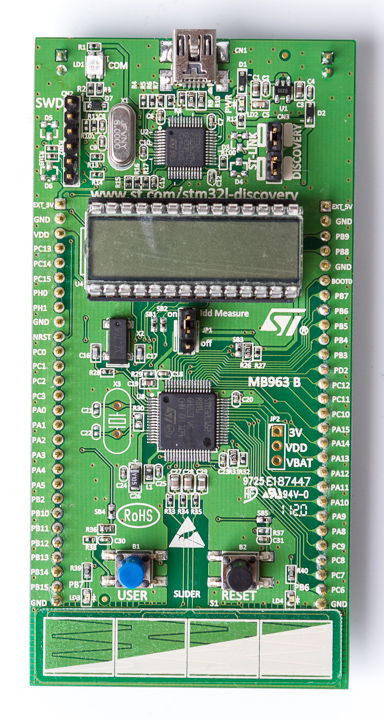An STM32 Discovery evaluation board