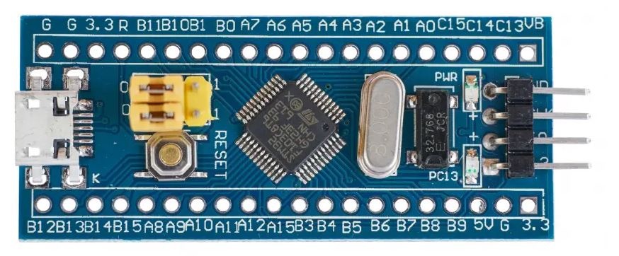 An STM32F103 on a Blue Pill development board, the STM32 migration target
