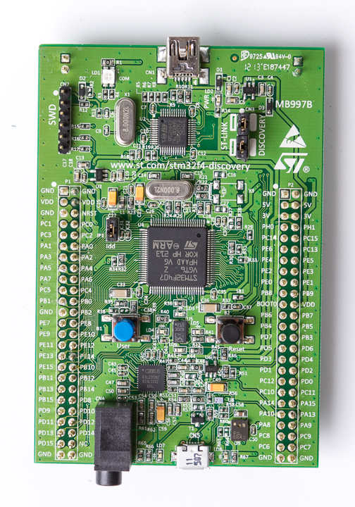 An STM32F4 Discovery board with an STM32F407 microcontroller