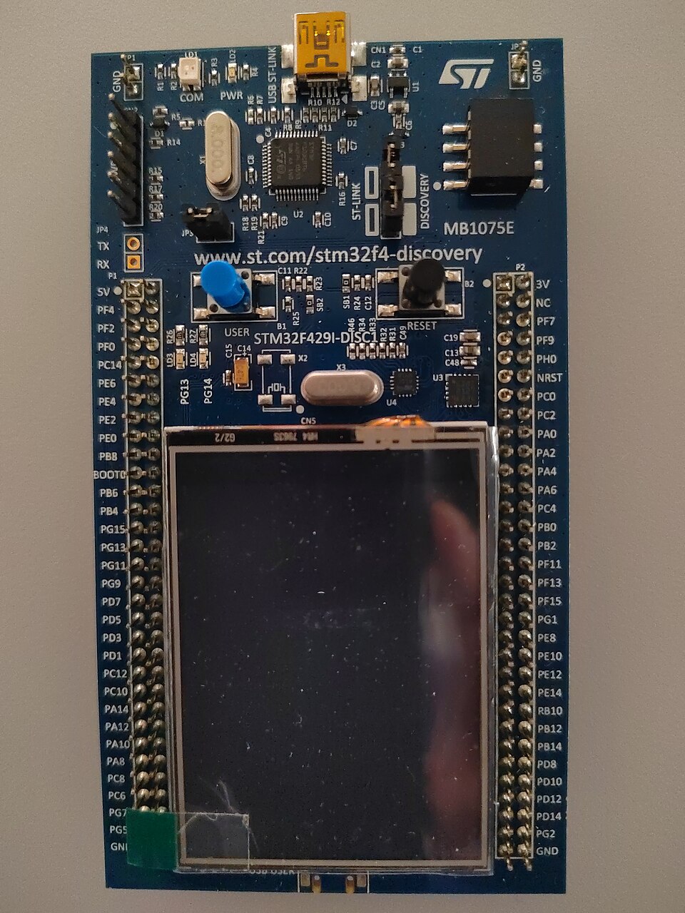 An STM32F429 Discovery board with an on-board colour LCD