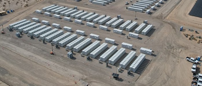 Rows of containerized battery storage units