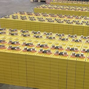 Rows of prismatic LiFePO4 cells in a facility