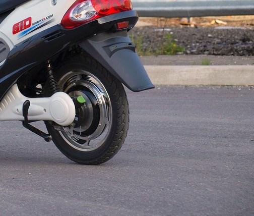 Rear hub motor detail of an electric scooter