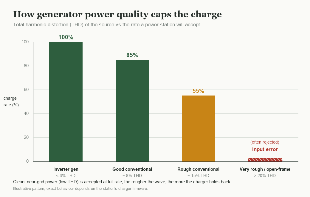 Bar chart of charge rate falling as generator total harmonic distortion rises, from 100 percent to an input error