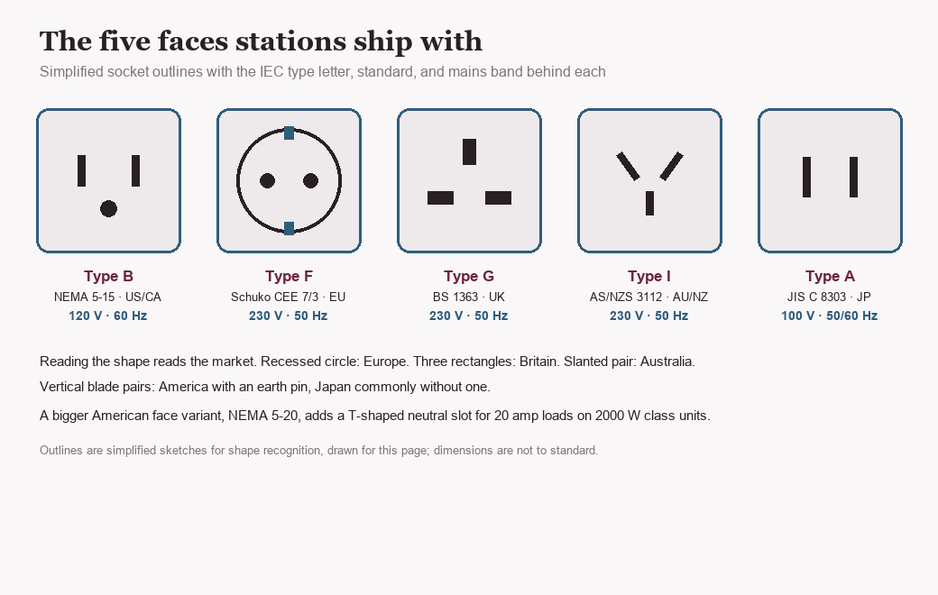 Five simplified socket outlines: NEMA Type B, Schuko Type F, British Type G, Australian Type I, Japanese Type A, with voltages