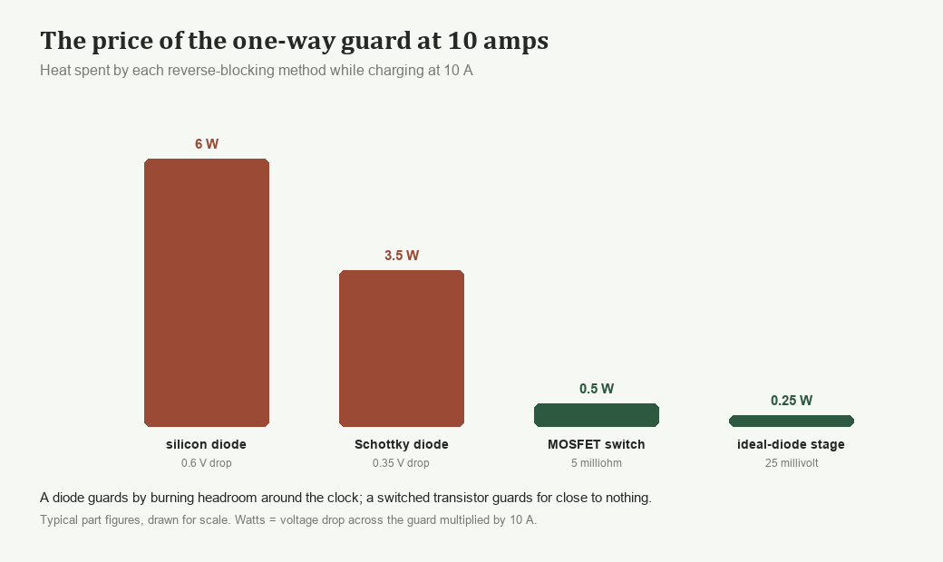 Bar chart of heat spent by reverse blocking methods at 10 amps: silicon diode 6 watts, Schottky 3.5 watts, MOSFET switch 0.5 watts, ideal diode stage 0.25 watts