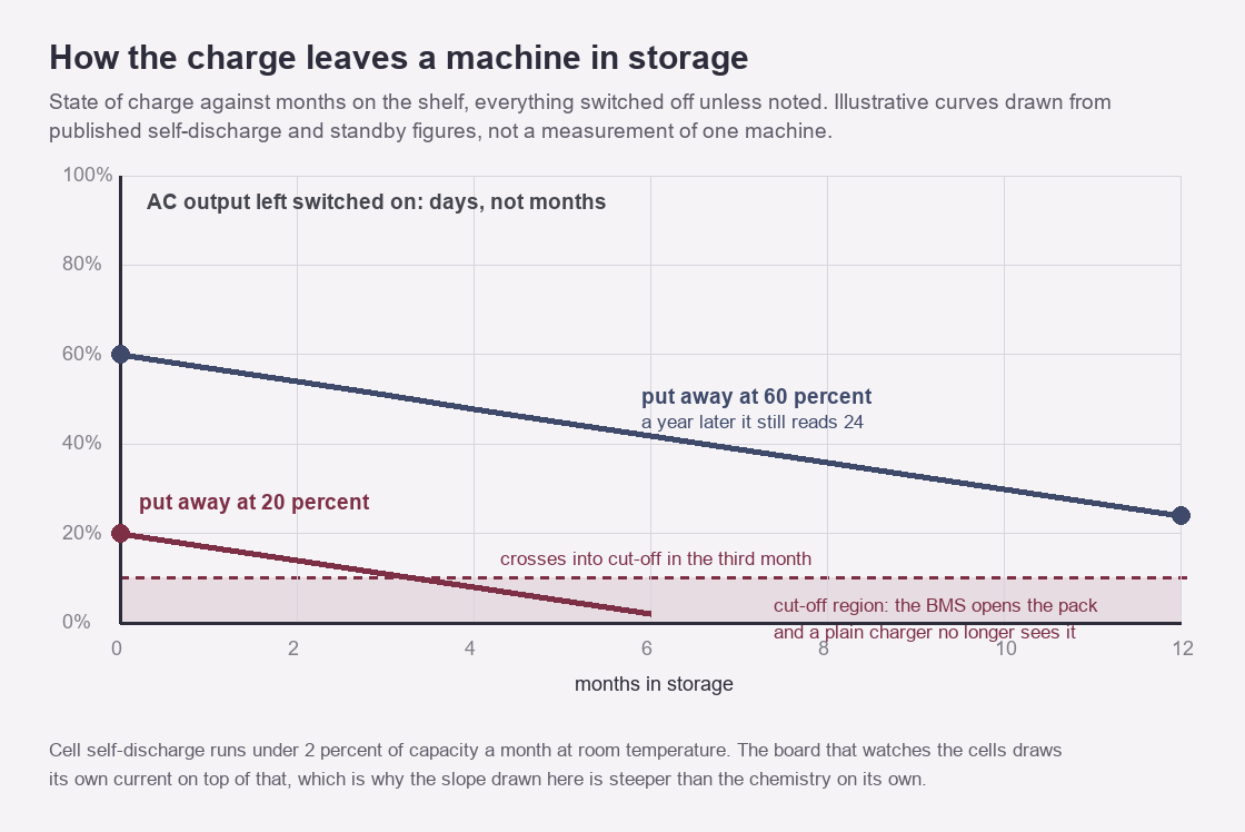 Line chart of state of charge against months in storage, one line starting at 60 percent and one at 20 percent, with a shaded cut-off region along the bottom