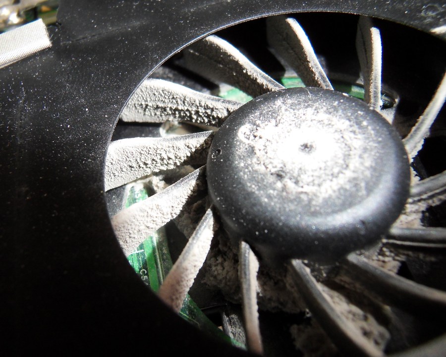 A computer cooling fan thick with grey dust on every blade and on the hub