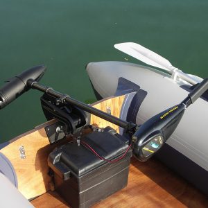 Transom trolling motor with 12V battery box on an inflatable boat