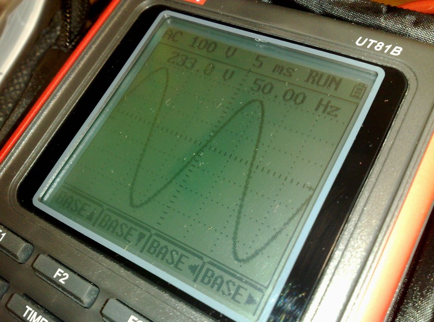 A handheld digital oscilloscope screen showing a smooth sinusoidal trace measured at the output of a battery inverter, with readings of 233.0 volts and 50.00 hertz at 100 volts per division and 5 milliseconds per division